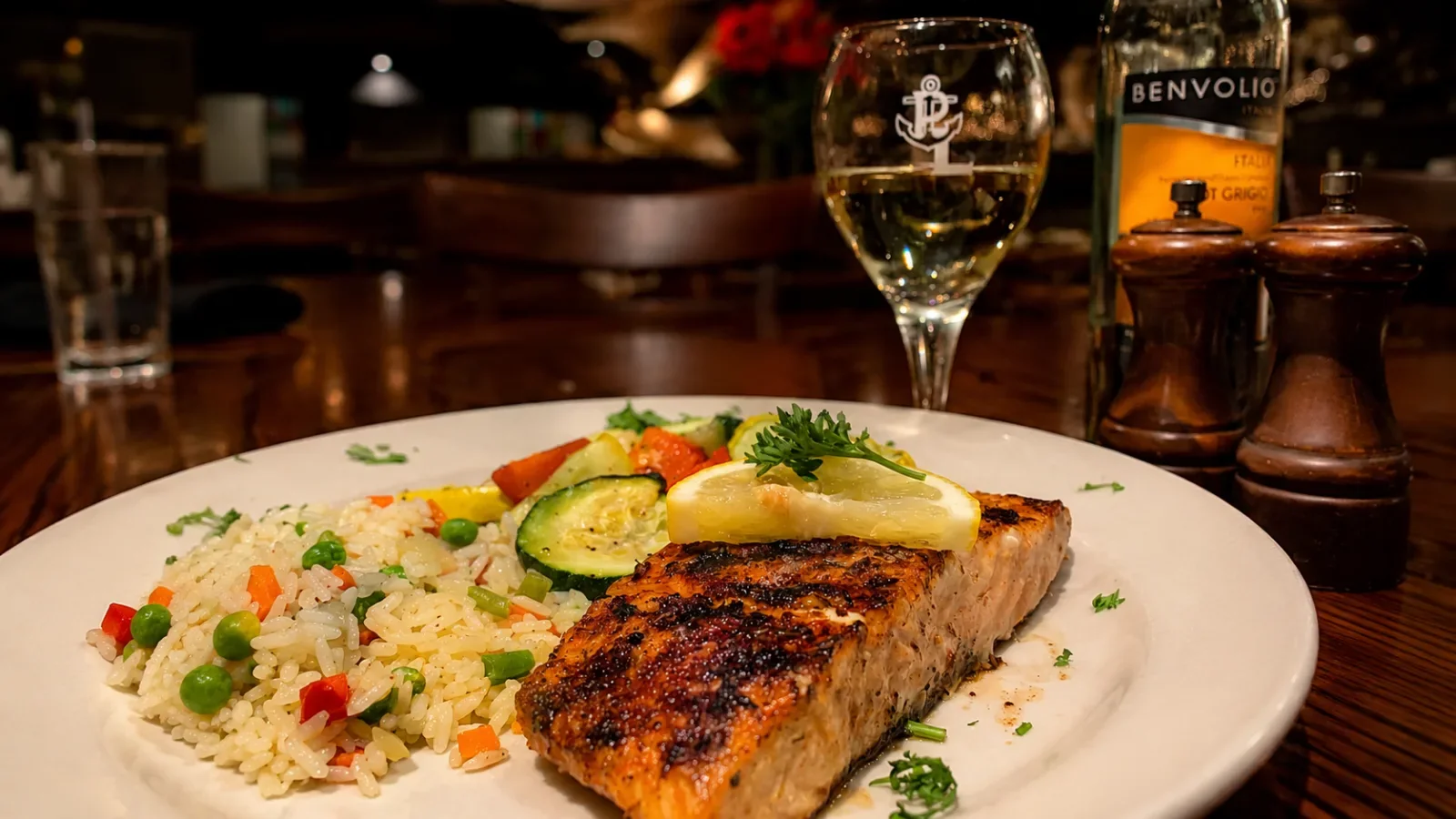Blackened salmon with rice and vegetables, served with the house pinot grigio