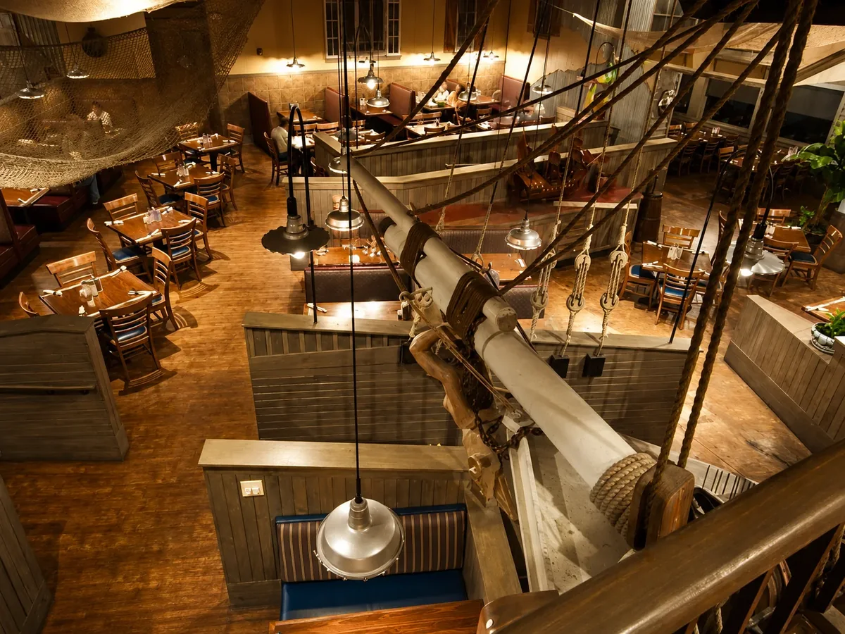 Inside the ship: the mast and rigging running through the main dining deck